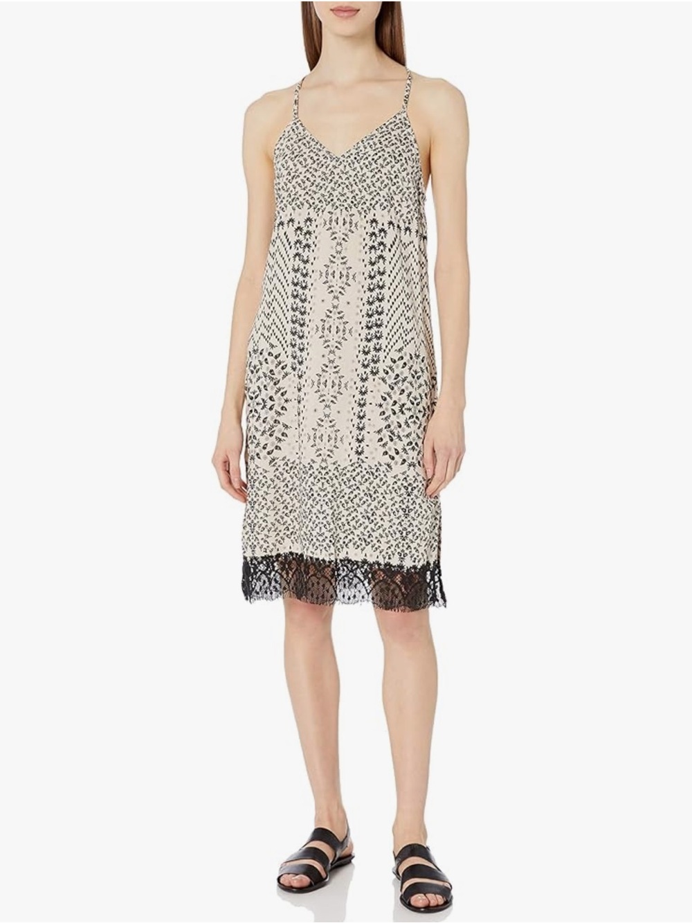 Angie Womens Spaghetti Strap Dress with Lace Hem, cream/black, size L